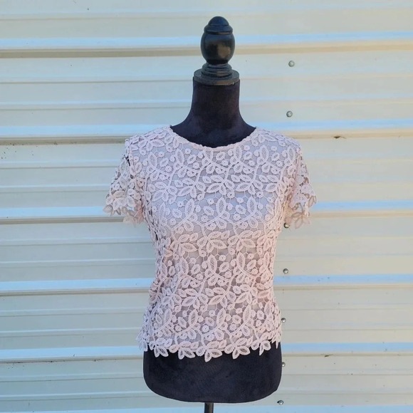 Catherine Malandrino Blush Pink Crochet LACE Tank Top Blouse Cotton Zip S - Picture 1 of 7